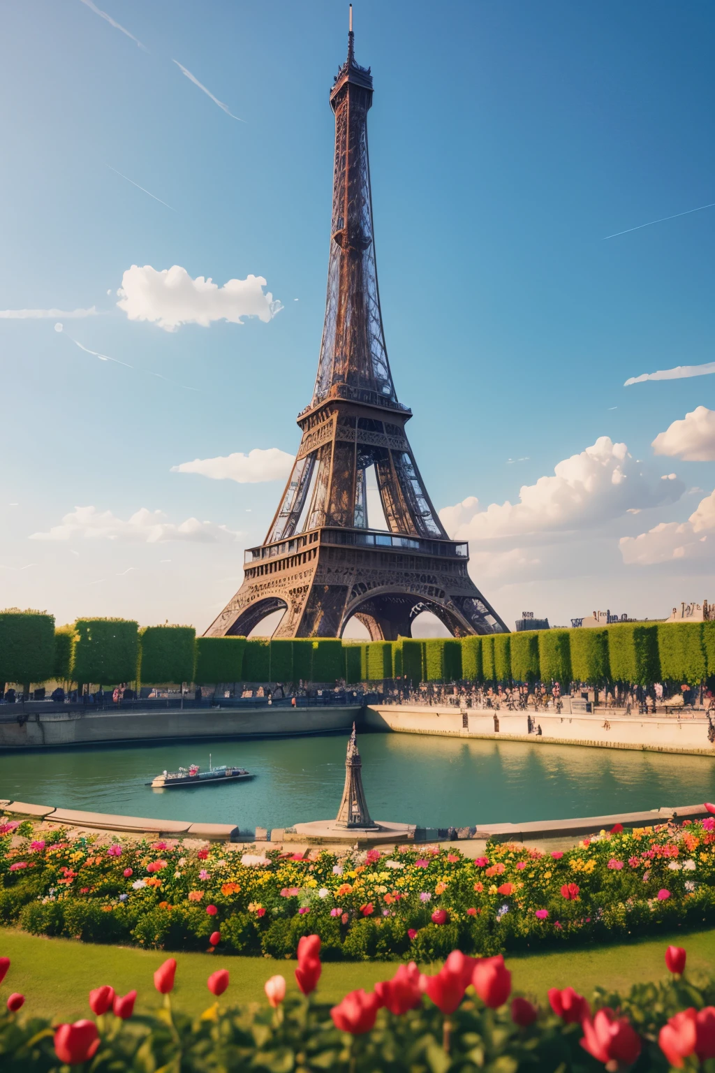 Isometric Eiffel Tower in a beautiful sunny Paris with lots of flowers and grace, cinematographic, realistic photo 8k, surreal