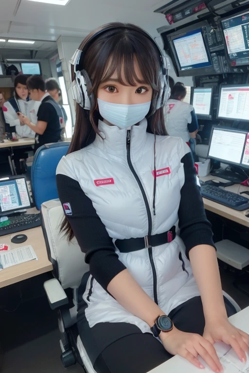 masterpiece, Highest quality, Very detailed, 8K Portrait,Japanese Android Girl,plump , Control panel,Robotic arms and legs, Blunt bangs,,break (Metallic Gray, Metallic luster, Mirror finish, Astro Best):5,headphone:5,break (Black sleeves):100,Smart Watches,Futuristic space station,Control Room,break headphone,blue eyes,(Black Hair):2,(Long Hair):1.3,Displaying the viewer,(respirator),break blush:3,Hidden Hand,smile