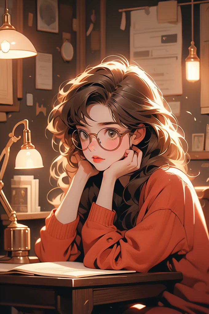 1girl, fluffy brown hair, big round glasses, writing, thoughtfull, freckles, biting tongue, lamp light, sitting behind a table, red sweater