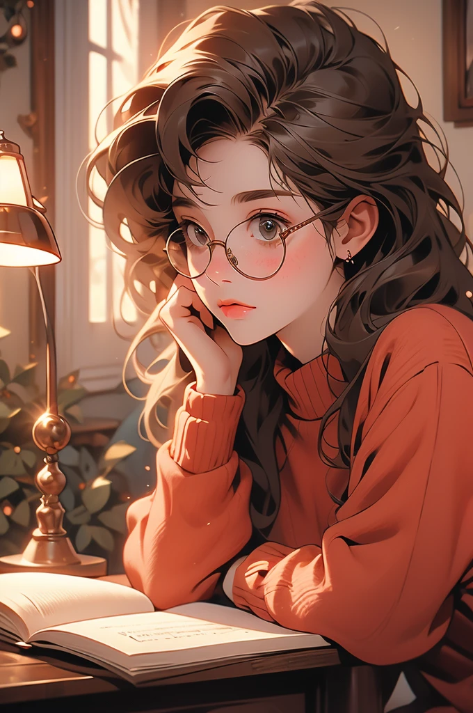 1girl, fluffy brown hair, big round glasses, writing, thoughtfull, freckles, biting tongue, lamp light, sitting behind a table, red sweater