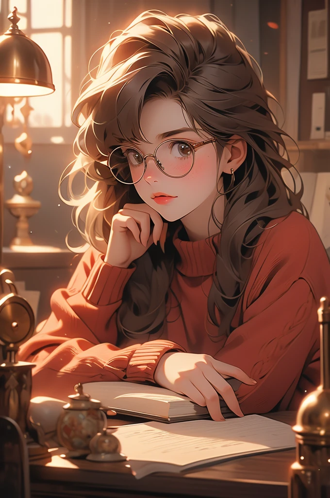 1girl, fluffy brown hair, big round glasses, writing, thoughtfull, freckles, biting tongue, lamp light, sitting behind a table, red sweater