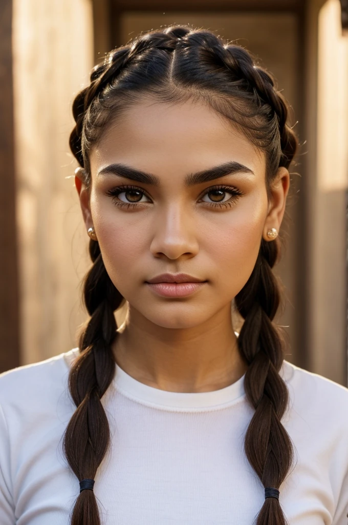 round face, Big eyebrows, normal nose, big honey colored eyes, round chin, small cheekbones, medium ears, thin lips, Small front, long dark brown hair, hairstyle split in half two Cuencan chola braids, light skin color, Small front