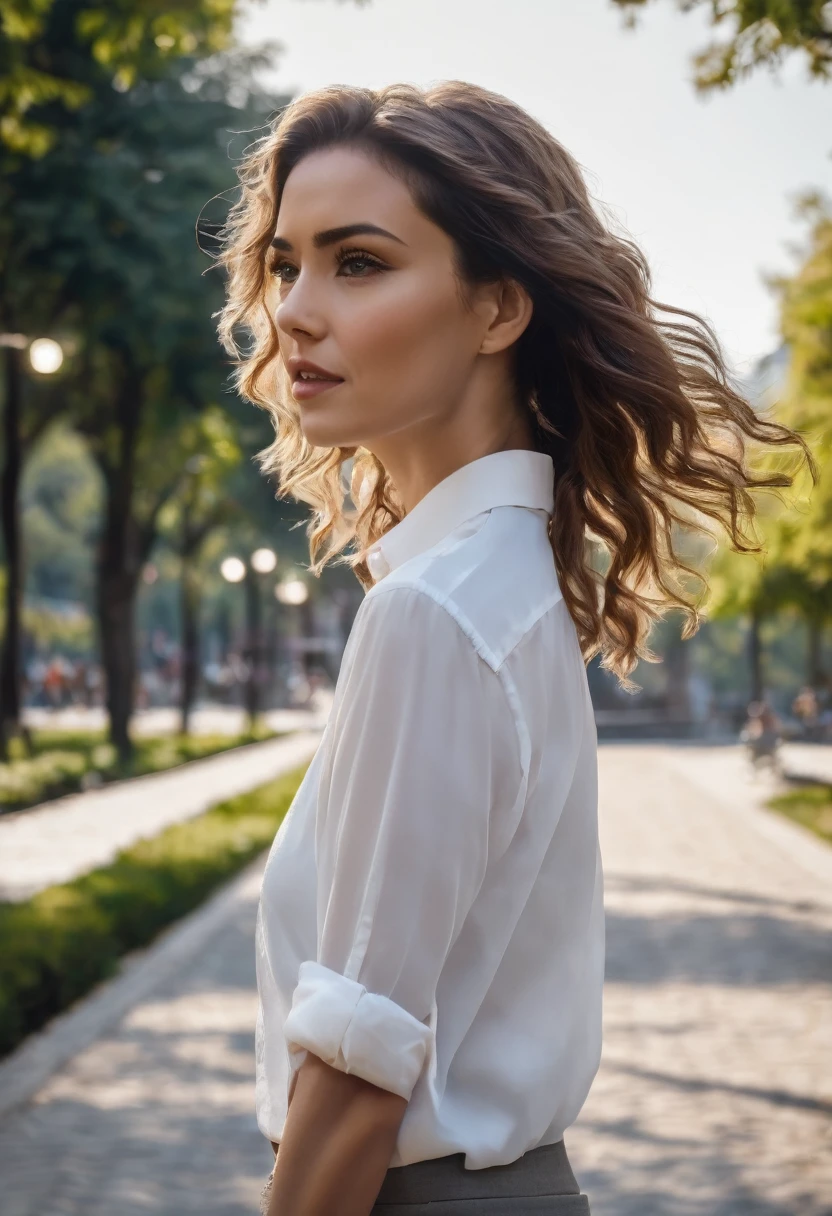 A beautiful woman with wavy hair ,gray,right hand holding the back of the head ,facing the camera ,wearing a necklace ,White shirt,while walking.city park background with hyperrealistic UHD 24