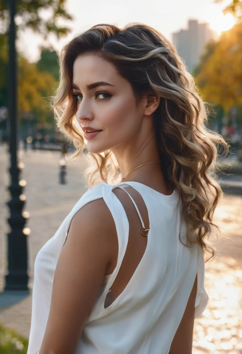 A beautiful woman with wavy hair ,gray,right hand holding the back of the head ,facing the camera ,wearing a necklace ,White shirt,while walking.city park background with hyperrealistic UHD 24