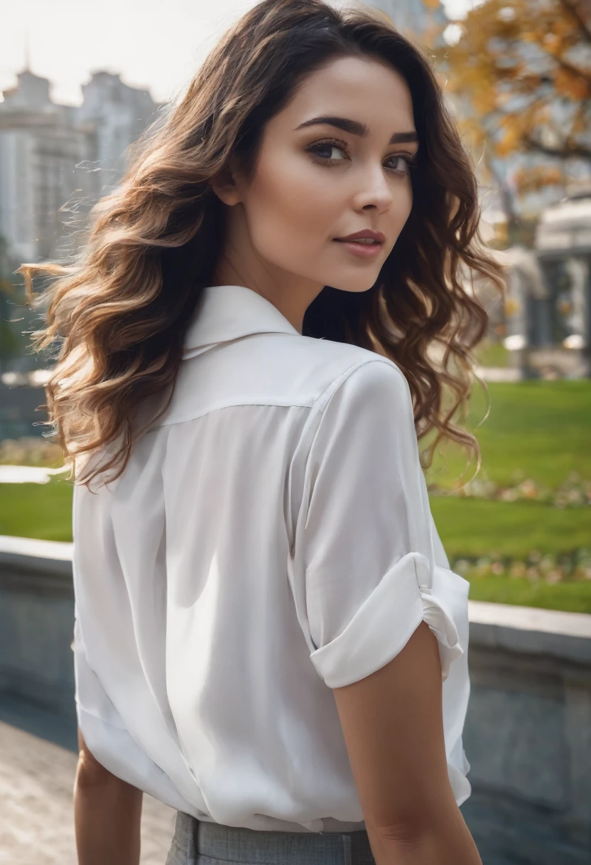A beautiful woman with wavy hair ,gray,right hand holding the back of the head ,facing the camera ,wearing a necklace ,White shirt,while walking.city park background with hyperrealistic UHD 24