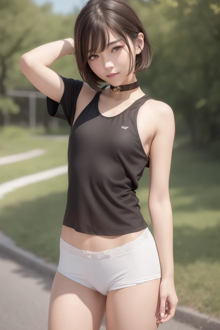 (photo and gross:1.2),(photorealistic:1.4),(Masterpiece:1.3),(Best Quality:1.4),ultra high resolution,
HDR,8K resolution,
dreamlike,
check comment,request for comment,scenery,((no text)),
enfocarse Alone, (whole body),
(detailed eyes),(detailed features), (detailed characteristics of clothing),
tight skin, (shiny skin),(thin girl),(slender girl),
(1 girl,Alone),VirtualGirl-Rin, happy, SMILE, (small breasts), hits, by bob, short hair, Brown hair, Brown eyes, black choker,
college student, , white high school sportswear,red sports shorts,sneakers,