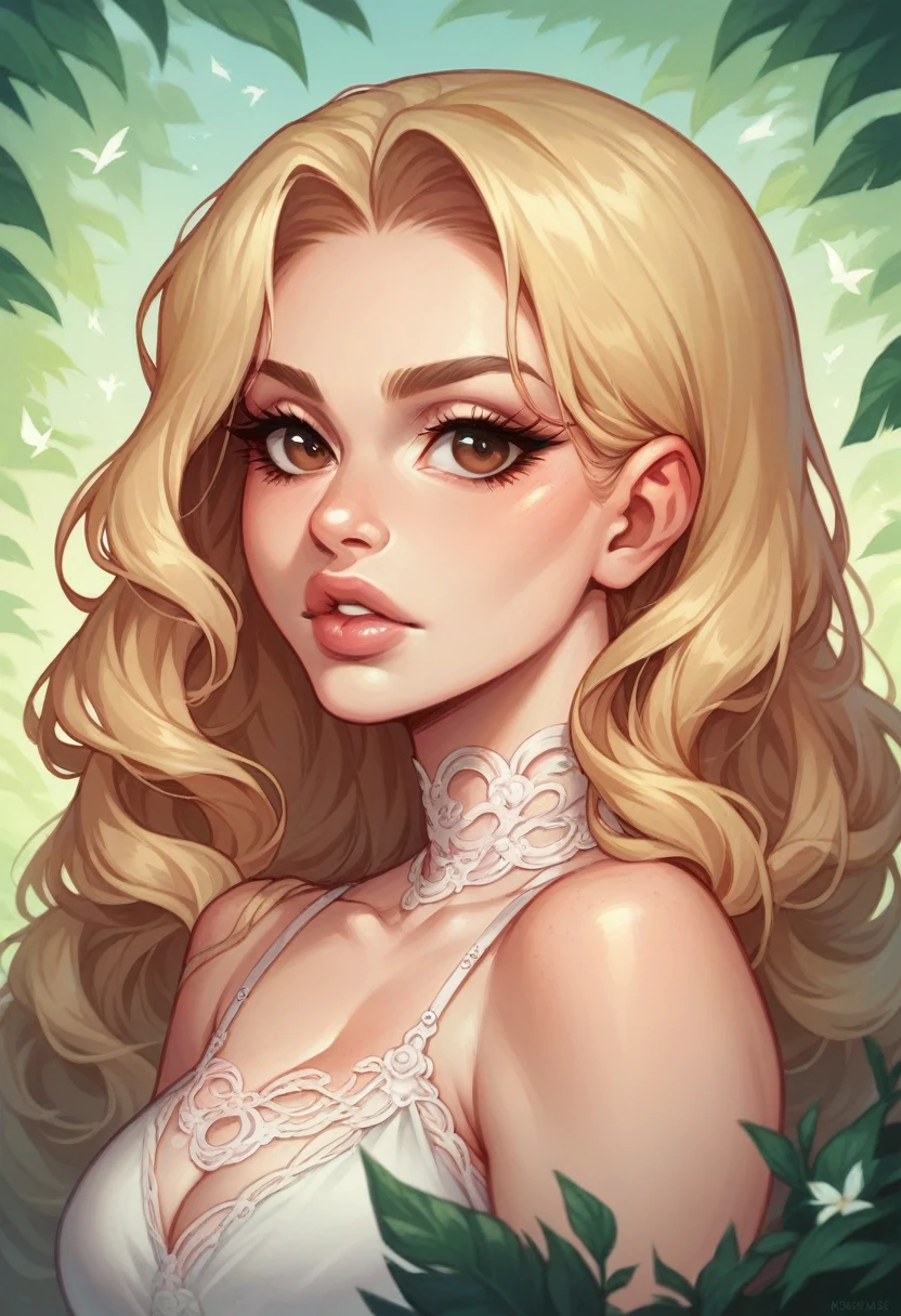 long dark blonde hair, Brown eyes, long eyelashes, full lips with a natural pink tone