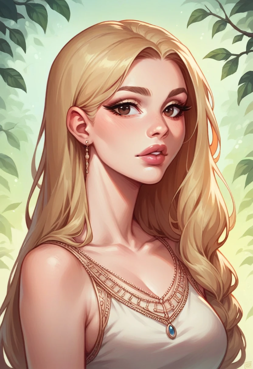 long dark blonde hair, Brown eyes, long eyelashes, full lips with a natural pink tone