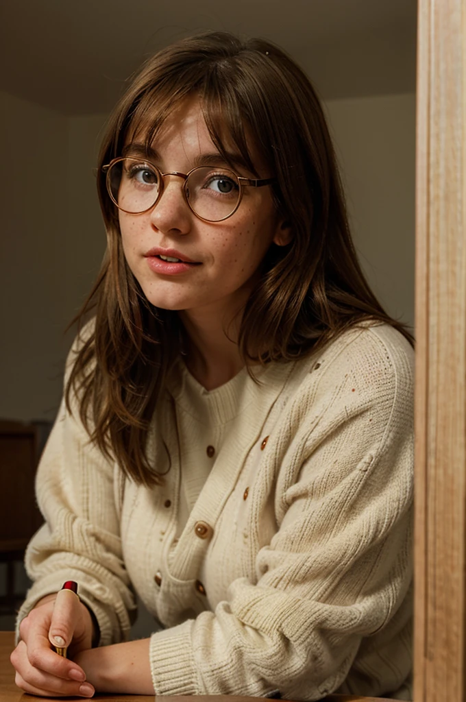 1girl, fluffy brown hair, big round glasses, writing, thoughtfull, freckles, biting tongue, lamp light, sitting behind a table, red sweater