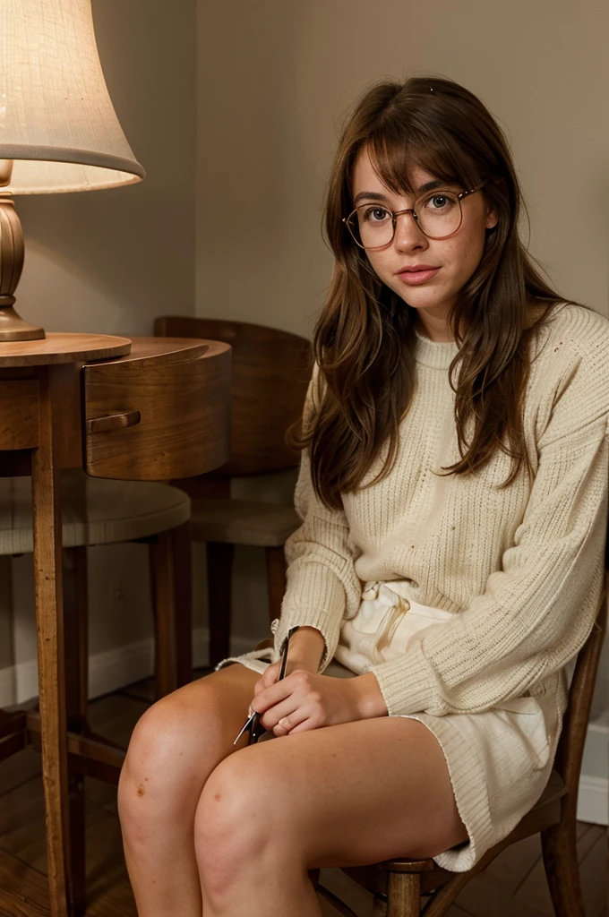 1girl, fluffy brown hair, big round glasses, writing, thoughtfull, freckles, biting tongue, lamp light, sitting behind a table, red sweater