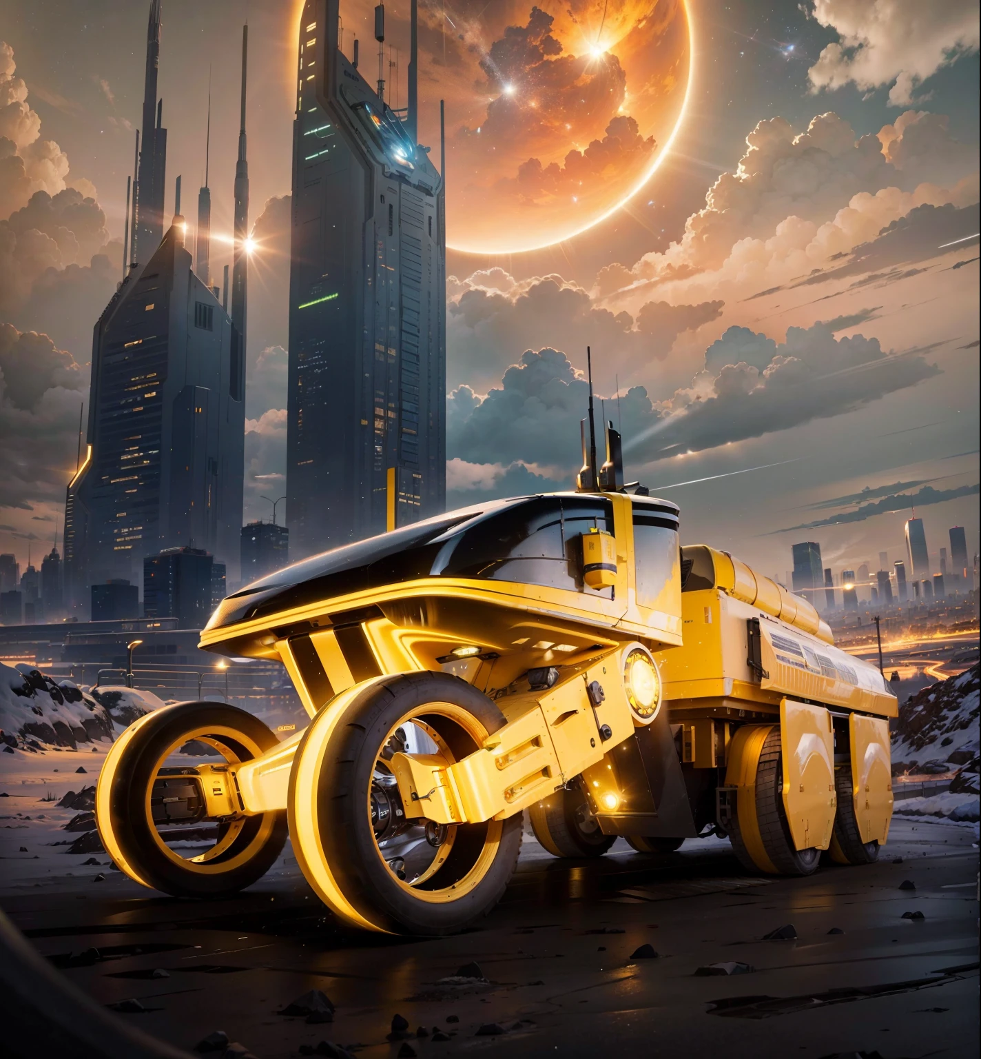 A  brilliant Yellowk sci fi truck headlights on in the foreground, in the background is a sci fi city with a lot of buildings lights on and a giant sun shining in the trucks body