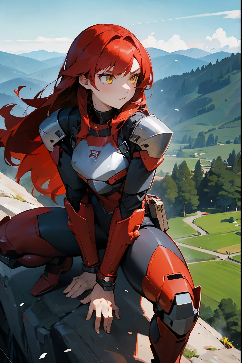 1Female, Red Hair, Battle Suit, Straight Hair, Black and Red Armor, Combat Clothing, Yellow Eyes, Serious Expression, Athletic, Archer, Young Adult, Mountain Background, Perched on a Cliff.