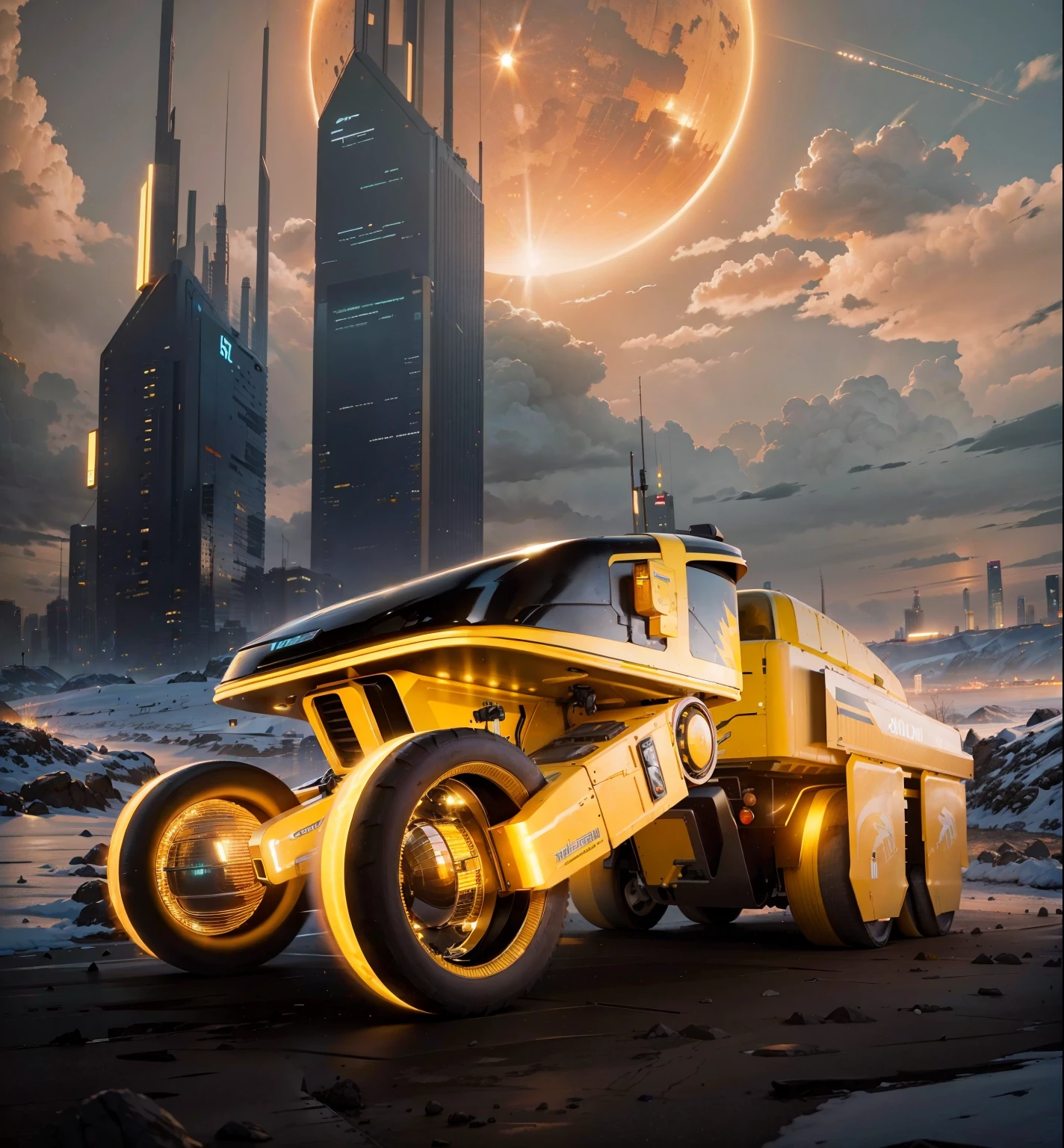 A  brilliant Yellowk sci fi truck headlights on in the foreground, in the background is a sci fi city with a lot of buildings lights on and a giant sun shining in the trucks body