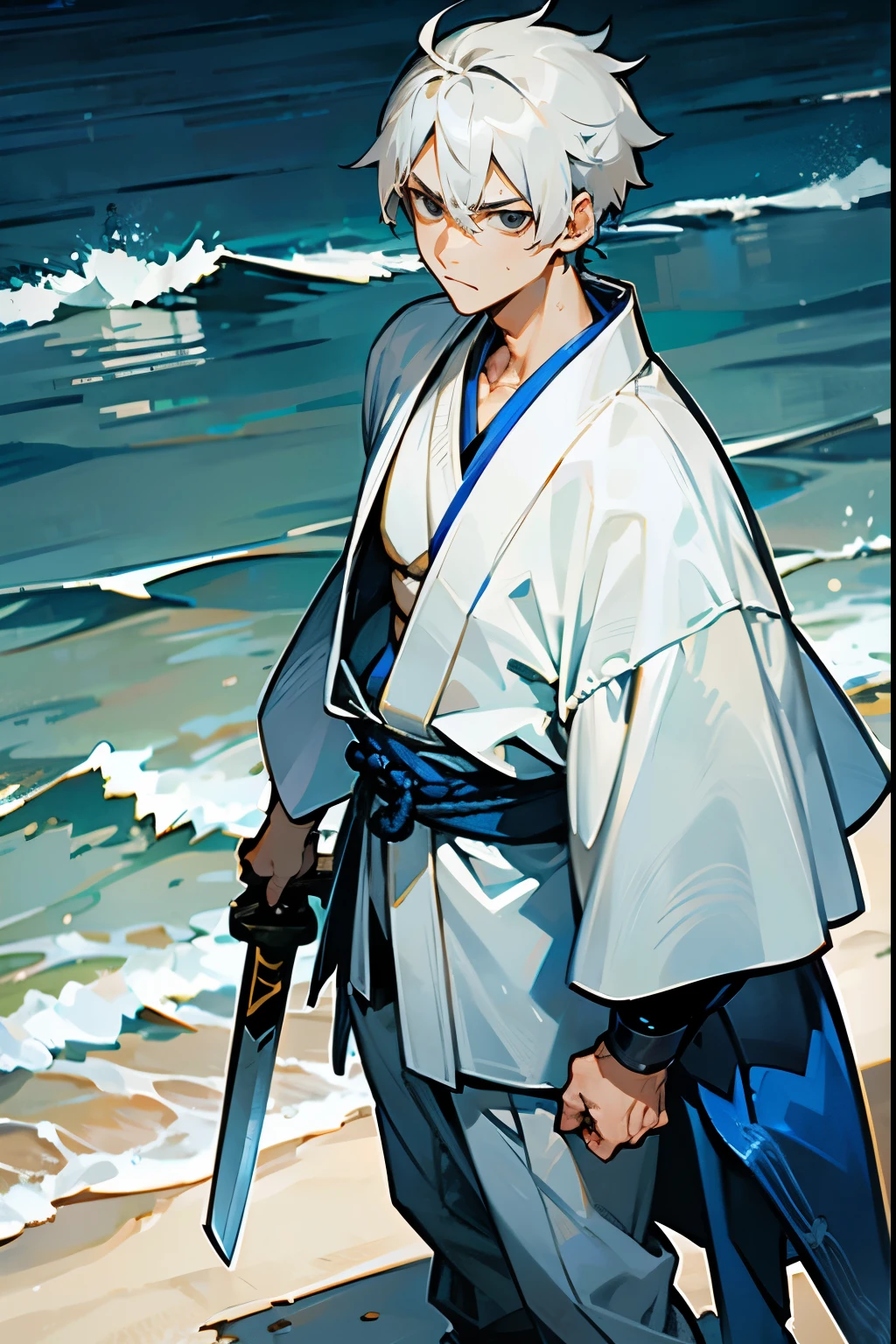 Male, White Hair, Casual Kimono, Short Hair, Blue and Silver Armor, Combat Clothing, Black Eyes, Stoic Expression, Muscular, Swordsman, Adult Male, Beach Background, Standing near the Shore.