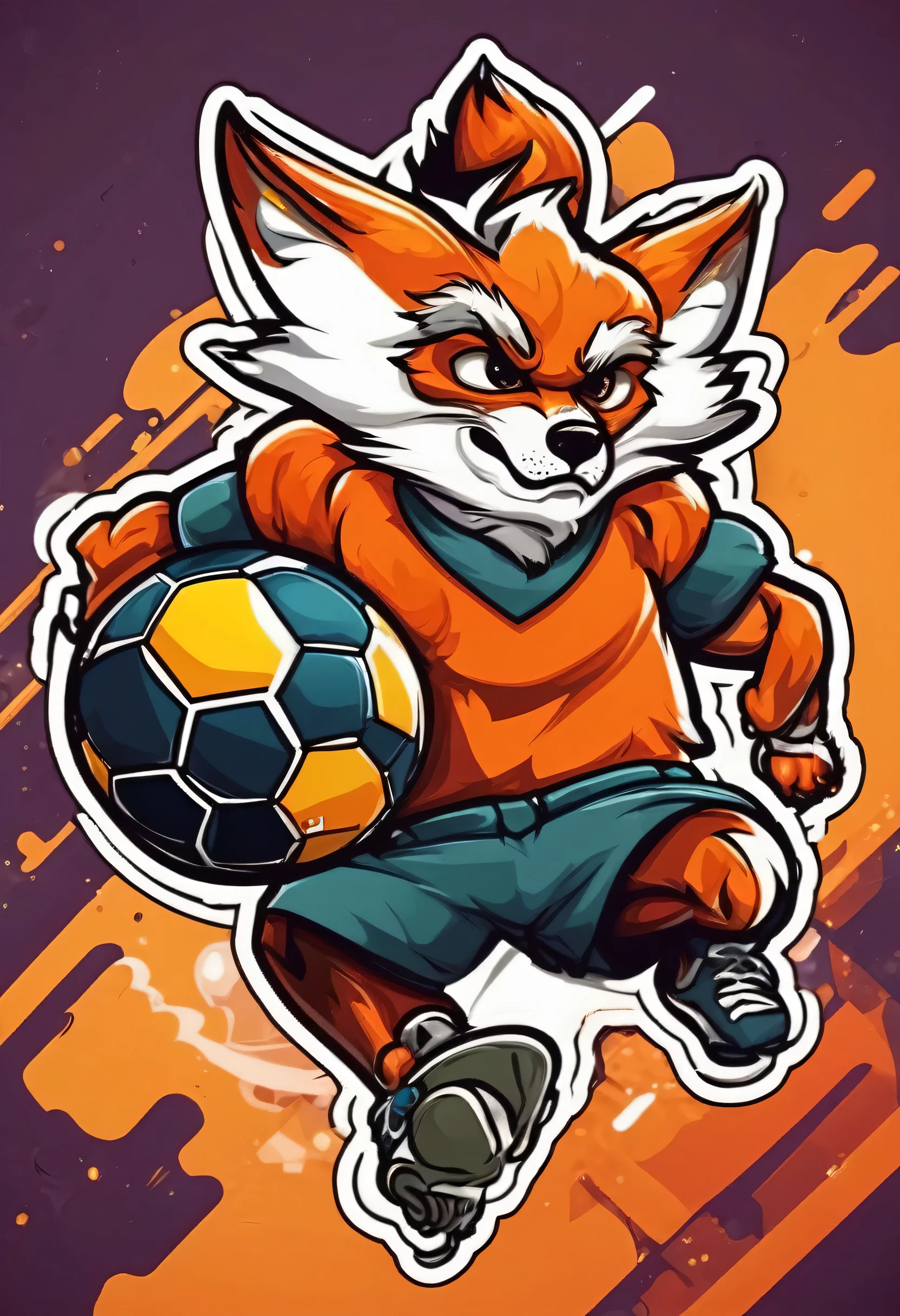 Angry fox football player sticker character and jumping with the ball in the style of Vladimir Suteev