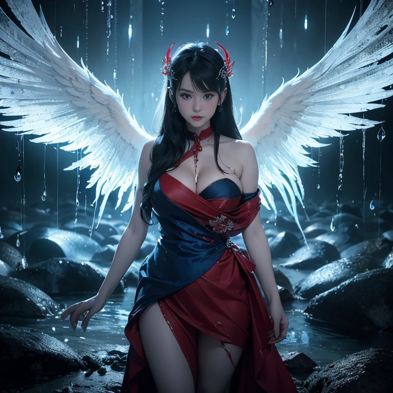 black、White、Blue and Red,(best quality, Extremely detailed, high resolution, Extremely detailed的CG),Wide-angle lens,Angelic,She is so beautiful,She likes blood and sea,Blood Rain, mystery,Cultists, complex, Surreal,Beautifully(((Full and soft breasts,)))((Huge breasts))((((Cleavage)))))) (Perfect curvy figure),