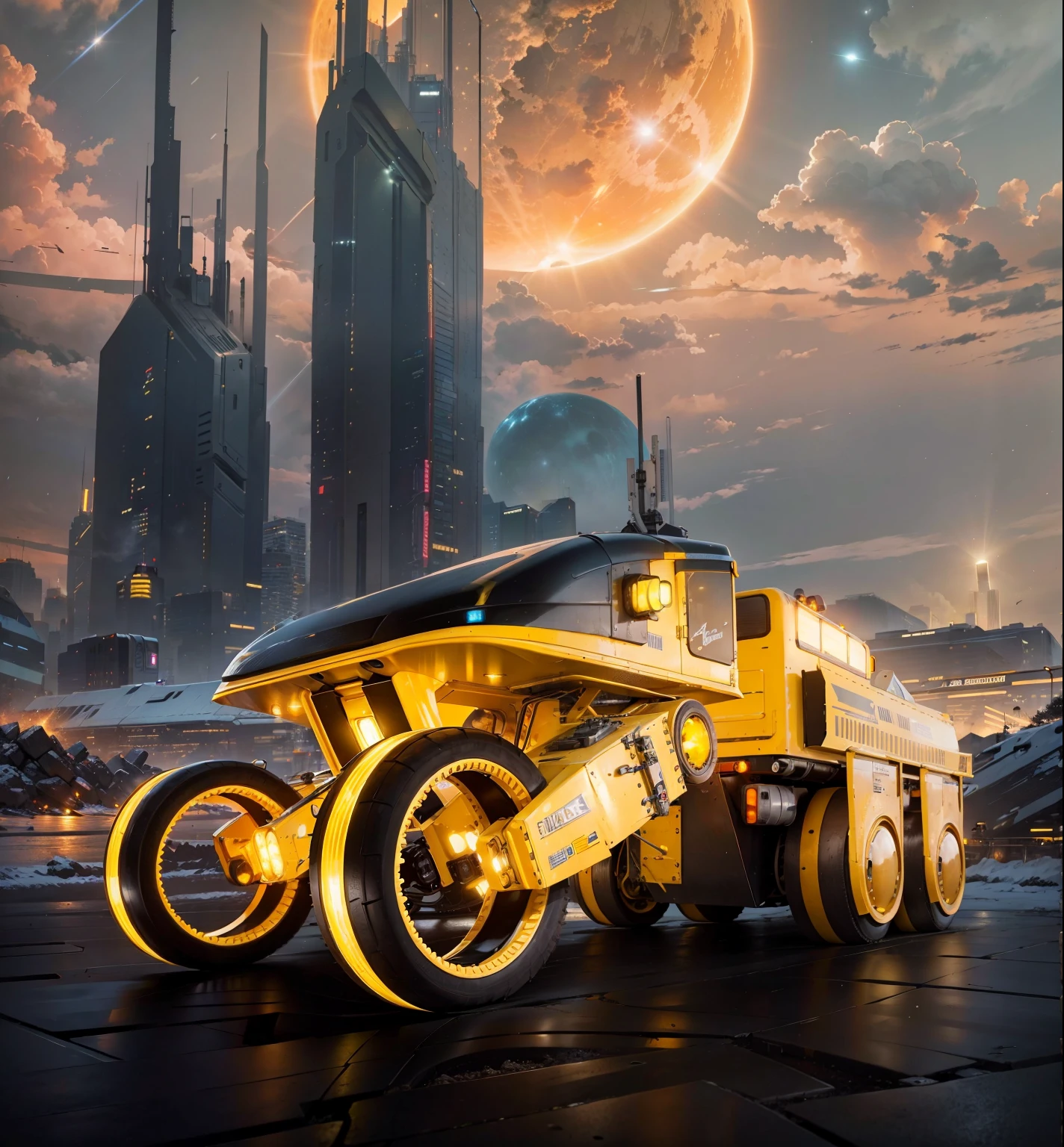 A  brilliant Yellowk sci fi truck headlights on in the foreground, in the background is a sci fi city with a lot of buildings lights on and a giant sun shining in the trucks body