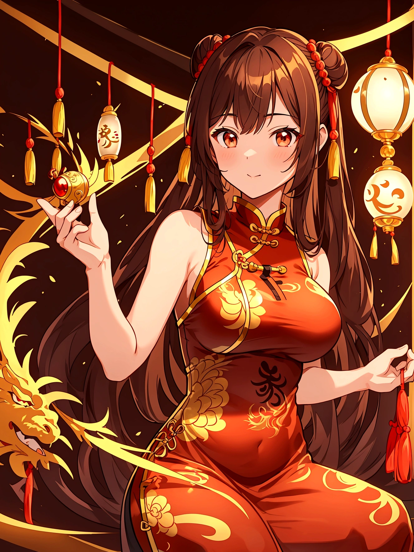  Huge  Chinese martial artist  girl.long brown hair in hime-cut style, which she ties in Chinese-style twin-buns using white ribbons . Golden eyes. fair-complexion and has a hourglass figure with moderate bust-size.sleeveless-strapless dark red long cheongsam with golden chinese dragon draw on it. 