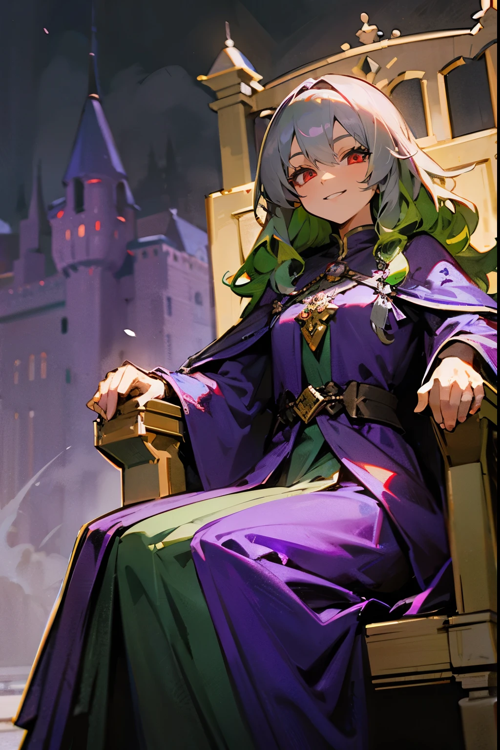 Female, Green Hair, Mage Robes, Wavy Hair, Purple and Silver Cloak, Combat Clothing, Red Eyes, Smiling Expression, Slender, Spellcaster, Middle-aged, Castle Background, Sitting on a Throne