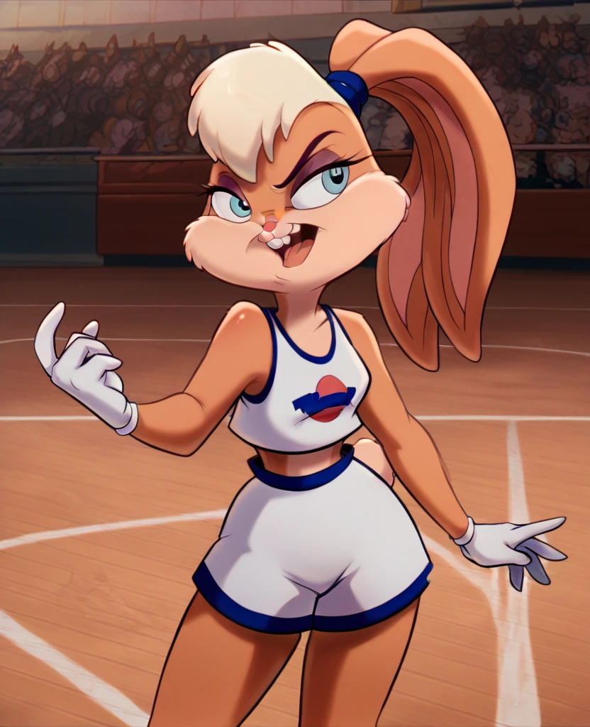 lolabunny, 1girl, solo, furry female, rabbit ears, rabbit girl, animal nose, crop top,white gloves, blue eyes, body fur, standing, tail sleeveless,white shorts, buck teeth