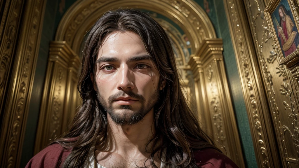 a detailed portrait of jesus christ,intricate religious painting,highly detailed religious imagery,masterfully rendered sacred art,realistic depiction of jesus,ornate religious iconography,exquisitely detailed religious painting,photorealistic portrait of jesus,sacred religious artwork,incredibly lifelike image of jesus,ultra-detailed religious icon,breathtakingly realistic jesus portrait,expertly crafted religious masterpiece,incredibly detailed religious painting,photorealistic religious imagery,incredibly lifelike religious art,hyper-realistic sacred portrait,ornately detailed sacred painting,photorealistic religious iconography,incredibly realistic religious masterpiece