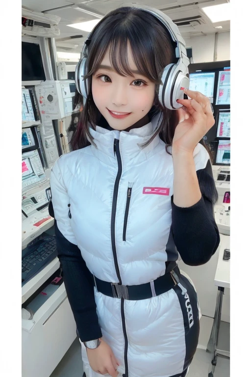 masterpiece, Highest quality, Very detailed, 8K Portrait,Japanese Android Girl,plump , Control panel,Robotic arms and legs, Blunt bangs,,break (Metallic Gray, Metallic luster, Mirror finish, Astro Best):5,headphone:5,break (Black sleeves):100,Smart Watches,Futuristic space station,Control Room,break headphone,blue eyes,(Black Hair):2,(Long Hair):1.3,Displaying the viewer,(respirator),break blush:3,Hidden Hand,smile