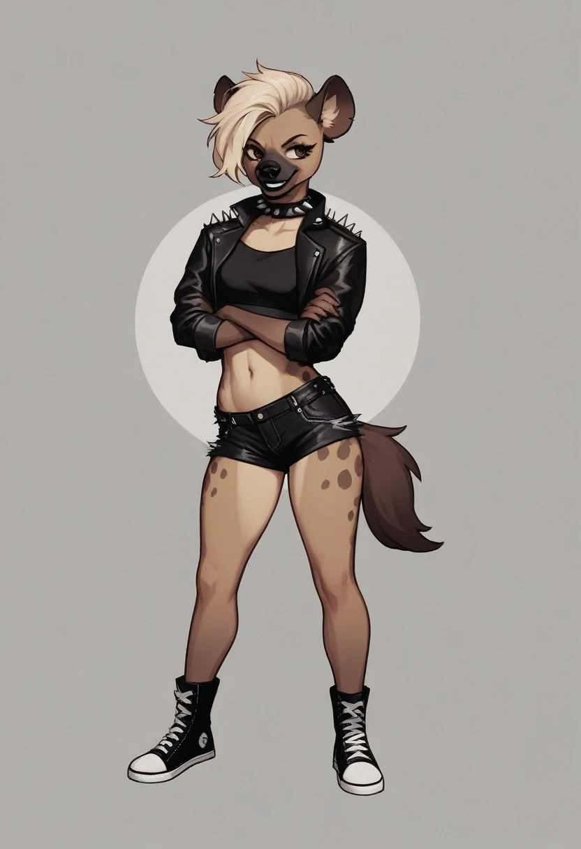 Solo, score_9,score_8_up,score_7_up, source_furry, a tall female spotted hyena, brown snout, black nose, brown eyes, short spiked undercut platinum blonde hair, black lips, hyena tail, brown hyena ears, wearing black leather jacket, black crop top, black short shorts, black and white converse shoes, arms crossed, spiked collar, soft smile, abstract grey background, standing