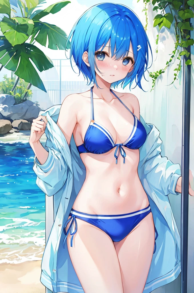 Girl、Blue hair short、bikini、Embarrassed