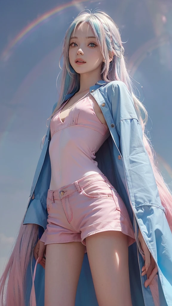 Background,(((blue Sky))) with a((( rainbow,)))(((from below,))) 20-year-old woman,smile,((( Platinum-coloured hair, Medium length hair,Hair with pink gradation at the ends,))) ((pale red eyes,)) Dark Theme, Calm tone, Calm colors, High Contrast, (Natural skin texture, Hyperrealism, Soft Light, sharp)smile,Large size white raincoat, shorts