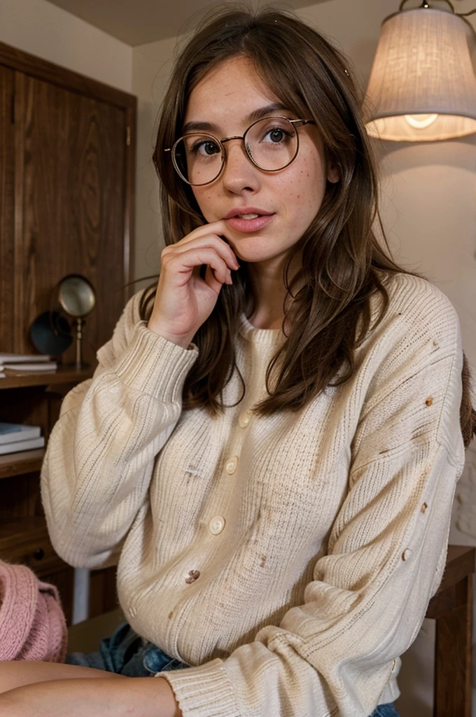 1girl, fluffy brown hair, big round glasses, writing, thoughtfull, freckles, biting tongue, lamp light, sitting behind a table, pink sweater