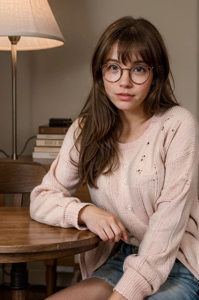 1girl, fluffy brown hair, big round glasses, writing, thoughtfull, freckles, biting tongue, lamp light, sitting behind a table, pink sweater