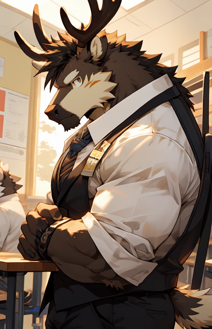 (by sollyz),Elk,detail face, detail eyes, detail,male,pants,nacked,furry, short hair,Looking at the audience,body in front,
,handsome,class room,stand,teacher,
strong,epic,