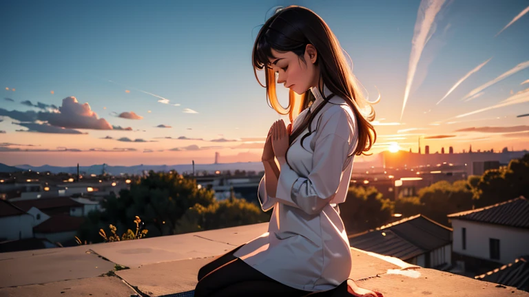 Woman praying with great faith near a sunset