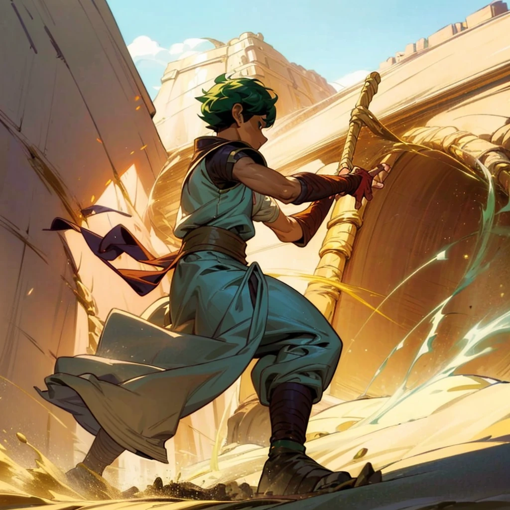 1boy, Full body version, 1character, (sand wanderer), brown eyes color, dark skin, Curly cut hairstyle, small eyes type, green colour hair, doctor ancient roman clothing style, white color clothing, dark green robe, Ancient roman boots, armor vest, sands in two hand, Grassroots background in desert, (battle, battle gesture, battle poses, view character on small, He a sand wanderer, he controls sand with his hands, he fights enemies with sand, enemies, bandits, Fighting, intense battles, fighting in desert, Dynamic Pose, Motion Blur, emphasis lines, sparks, plasma, aura)