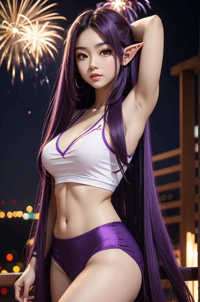 Long Purple hair, Vietnamese, beautiful 23 year old woman, very attractive, brown eyes, elf ears, very cute, thin athletic body, wearing American flag outfit watching fireworks