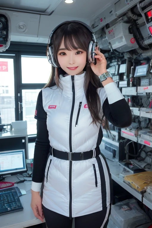 masterpiece, Highest quality, Very detailed, 8K Portrait,Japanese Android Girl,plump , Control panel,Robotic arms and legs, Blunt bangs,,break (Metallic Gray, Metallic luster, Mirror finish, Astro Best):5,headphone:5,break (Black sleeves):100,Smart Watches,Futuristic space station,Control Room,break headphone,blue eyes,(Black Hair):2,(Long Hair):1.3,Displaying the viewer,(respirator),break blush:3,Hidden Hand,smile