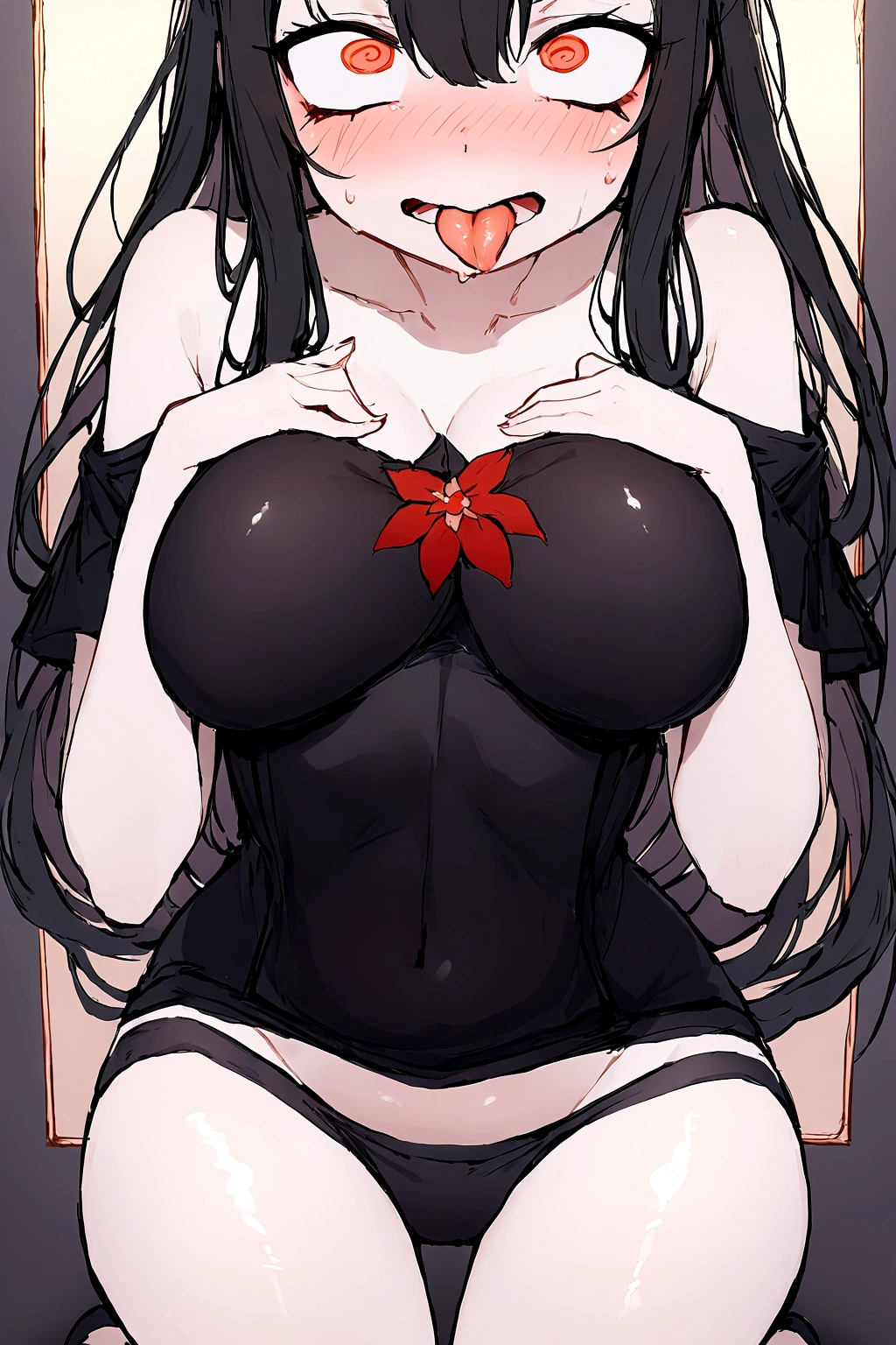 Young women,Black long hair,big eyes,Beautiful face,Wearing a black loose T-shirt,Having male genitalia,The hem of the T-shirt covers part of the lower body,Male genitals push up the shirt,Kneel in front of the mirror,Hands grasp the chest,Breast deformation,Fingers stuck in chest expression of surprise and confusion,Stick out your tongue,White fluid leaking from chest,Red cheeks,Slight sweating。