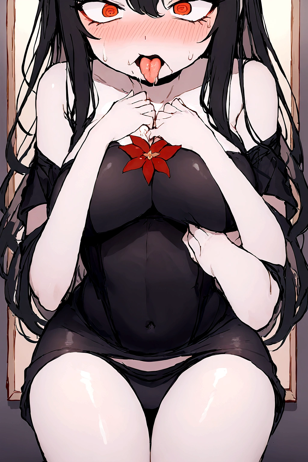 Young women,Black long hair,big eyes,Beautiful face,Wearing a black loose T-shirt,Having male genitalia,The hem of the T-shirt covers part of the lower body,Male genitals push up the shirt,Kneel in front of the mirror,Hands grasp the chest,Breast deformation,Fingers stuck in chest expression of surprise and confusion,Stick out your tongue,White fluid leaking from chest,Red cheeks,Slight sweating。