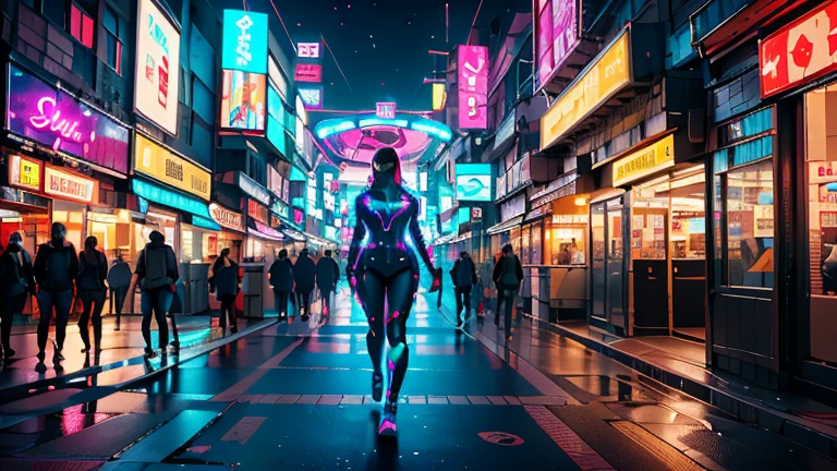 a beautiful girl walking in the streets of a futuristic city in 2077, neon lights, flying vehicles in the background, highly detailed, photorealistic, 8k, award winning, cinematic lighting, intricate architecture, glowing neon signs, holographic displays, floating transportation, dynamic crowd, stunning cyberpunk atmosphere, rich colors, dramatic shadows, advanced technology