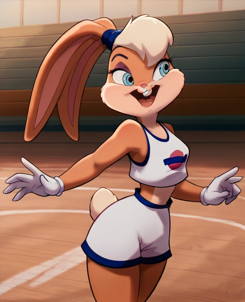 lolabunny, 1girl, solo, furry female, rabbit ears, rabbit girl, animal nose, crop top,white gloves, blue eyes, body fur, standing, tail sleeveless,white shorts, buck teeth, smiling, happy