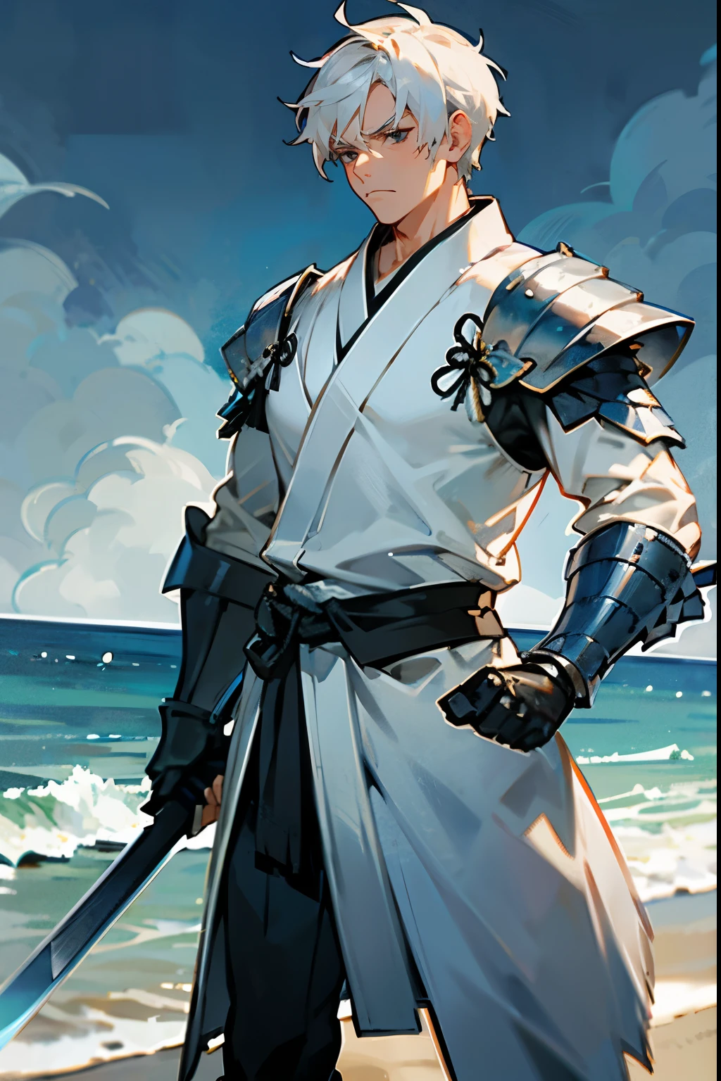 Male, White Hair, Casual Kimono, Short Hair, Blue and Silver Armor, Combat Clothing, Black Eyes, Stoic Expression, Muscular, Swordsman, Adult Male, Beach Background, Standing near the Shore.