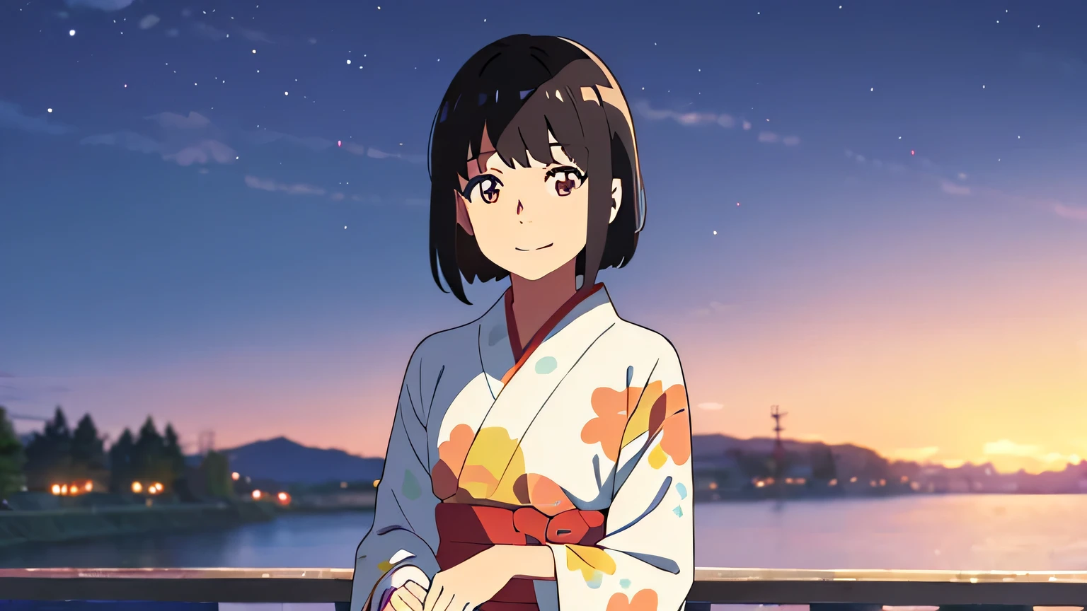 (masterpiece:1.6, Highest quality), (Beautiful, detailed eyes: 1.2), colorful, shinkai makoto, Kimi No Na Wa., One girl, bangs, Black Hair, Brown eyes, short hair, whole body, smile, cute,, yukata, Long sleeve, smile, Happy, Open your mouth,Starry Sky,Riverbank