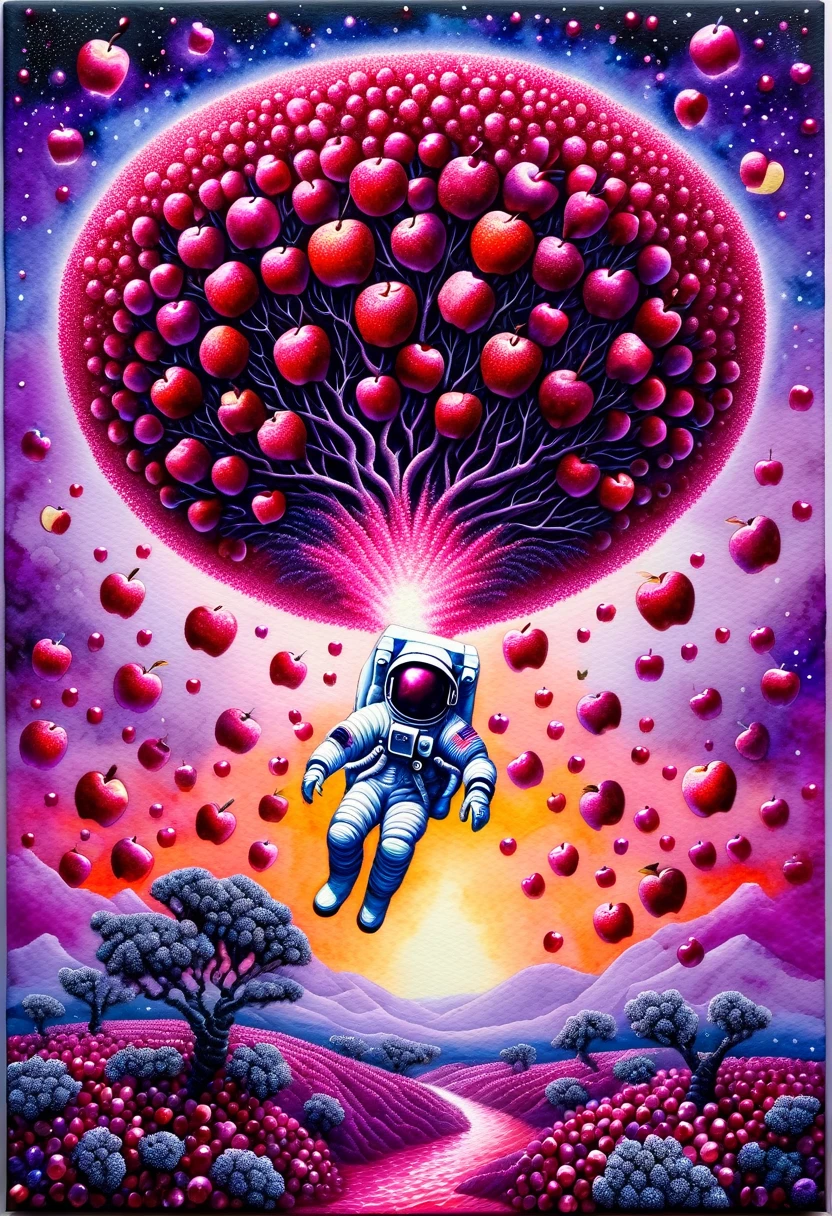 an astronaut with apples on an alien planet among local coral trees made of precious rubies, a flying saucer against a purple sky (by Vincent-Di-Fate), fresh watercolor palette canvas/acrylic, intricate, extreme detail, complex key, ((single shot)), ((best quality)), ((masterpiece)), ((realistic)), 8k