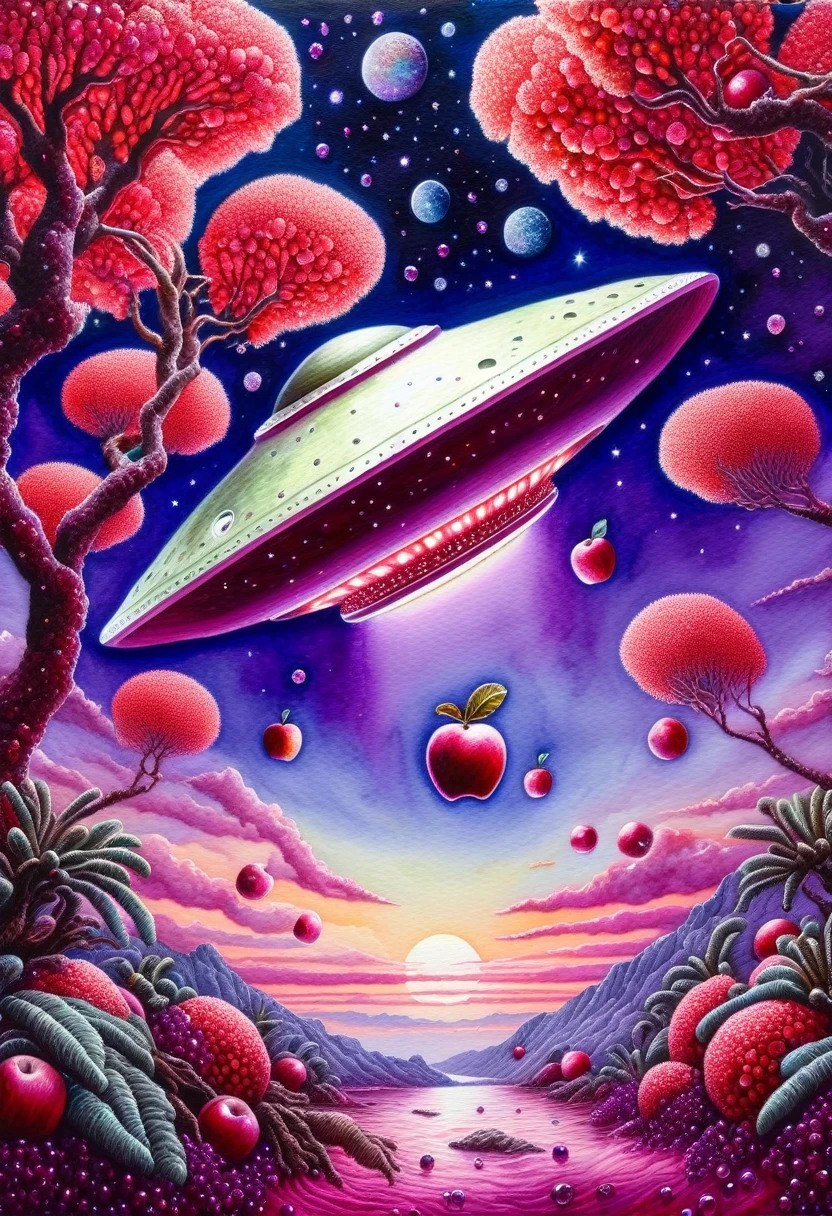 an astronaut with apples on an alien planet among local coral trees made of precious rubies, a flying saucer against a purple sky (by Vincent-Di-Fate), fresh watercolor palette canvas/acrylic, intricate, extreme detail, complex key, ((single shot)), ((best quality)), ((masterpiece)), ((realistic)), 8k