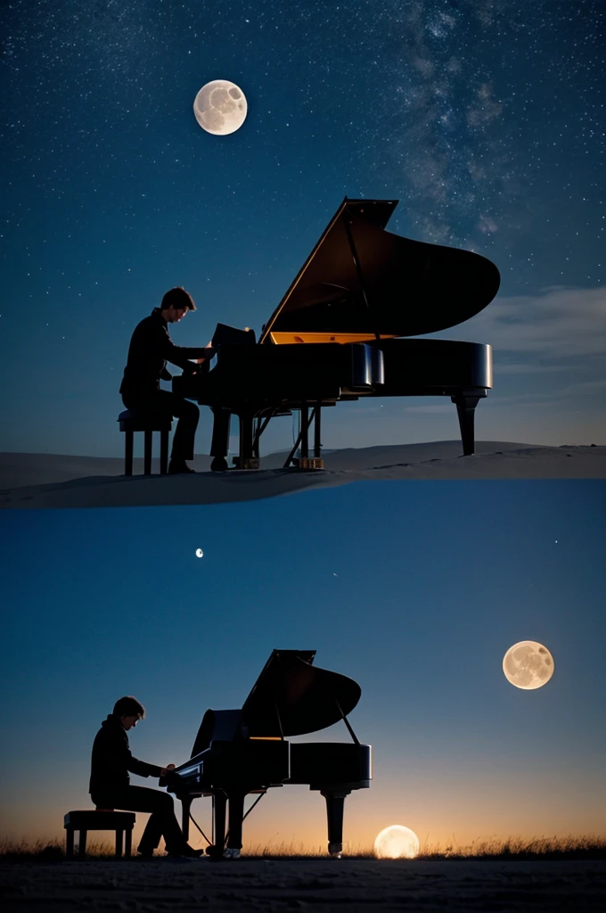 Create a person playing in the middle of nowhere at night playing piano so you can see the moon