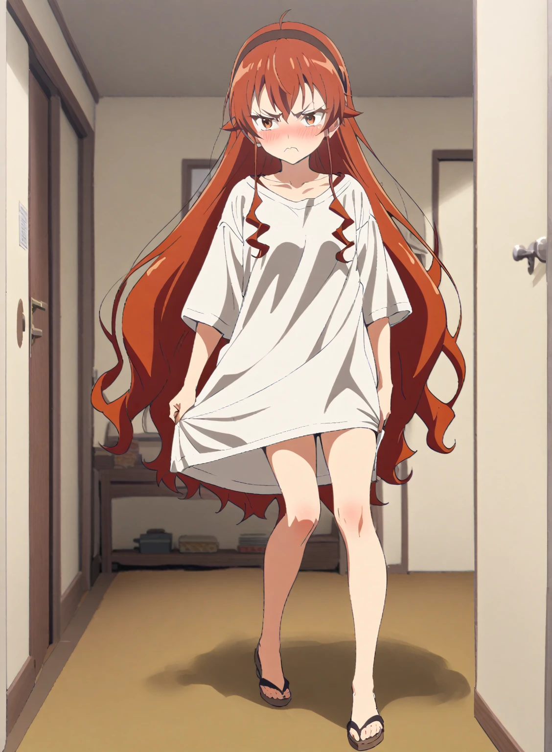 {{Full body view}} {{Artist: Sincos}} 1girl, changes her clothes for a loose white t-shirt, Eris boreas greyrat, Annoyed look, slight blush, Background of a room 