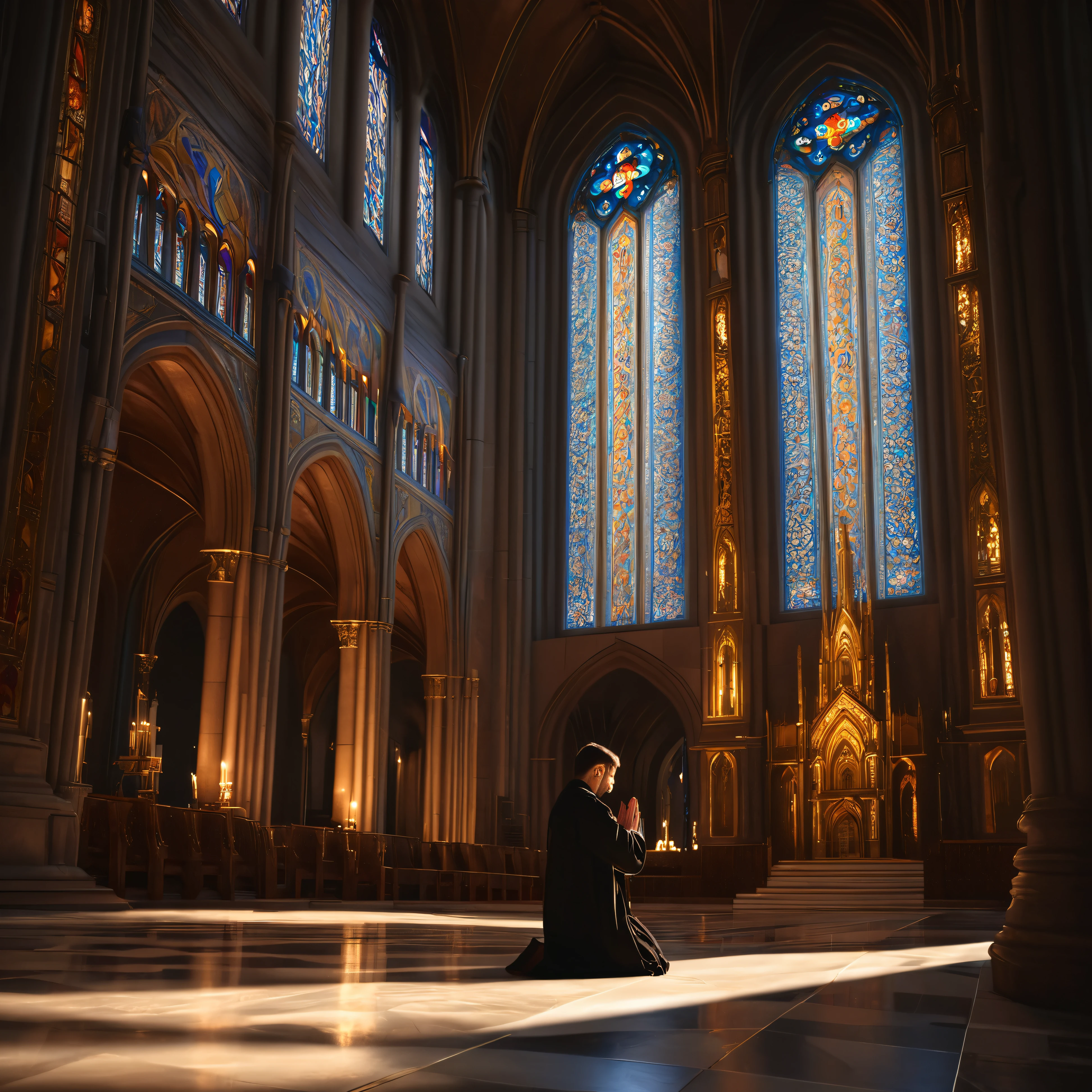 A person praying in a sacred cathedral interior, ornate architectural details, stained glass windows, warm lighting, religious iconography, divine light beams, heavenly atmosphere, cinematic composition, realistic 3D rendering, dramatic chiaroscuro lighting, intricate details, photorealistic, ultra-detailed, masterpiece