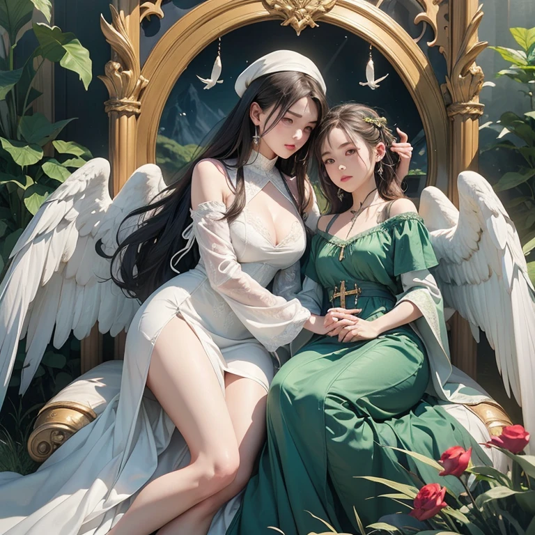 Female in her 20s, fantasy、Official Art, Unity 8k Wallpaper, Ultra Detailed, beautiful、Aesthetic, masterpiece, Top quality, Photorealistic、White Mage、Healer、Healing magic、restore magic、Shrouded in green light、Saint、White clothes with cross pattern、Angelic、There are wings on the back、cross、White lingerie、Thighs visible through the slits、Dark Brown Short Hair、Vast grasslands、Green Trees々、Magnificent views、You can see the castle on the top of the mountain、Depth of Field, Awesome atmosphere, Calming color palette, Peaceful Mood, Soft shadows、Very large breasts、Full figure、A flock of little white birds、Healer&#39;s Wand:2.0、Scepter with green sphere、Long hem clothing、Deep seam、Huge breasts、Cross pattern hat、White Hat、thick、White lace stockings、White garter belt、Full figure、Silver Tin Cane、Healer&#39;s Wand、Long cane、Silver Tin Cane、Healer&#39;s Wand、Long cane、Vast grasslands、Green Trees々、Magnificent views、Buildings buried by vegetation、Valley topography、Blue sky、Huge breasts、Full figure、thick、Big(((Full and soft breasts,)))（（Huge breasts））((((Cleavage)))))) (Perfect curvy figure),