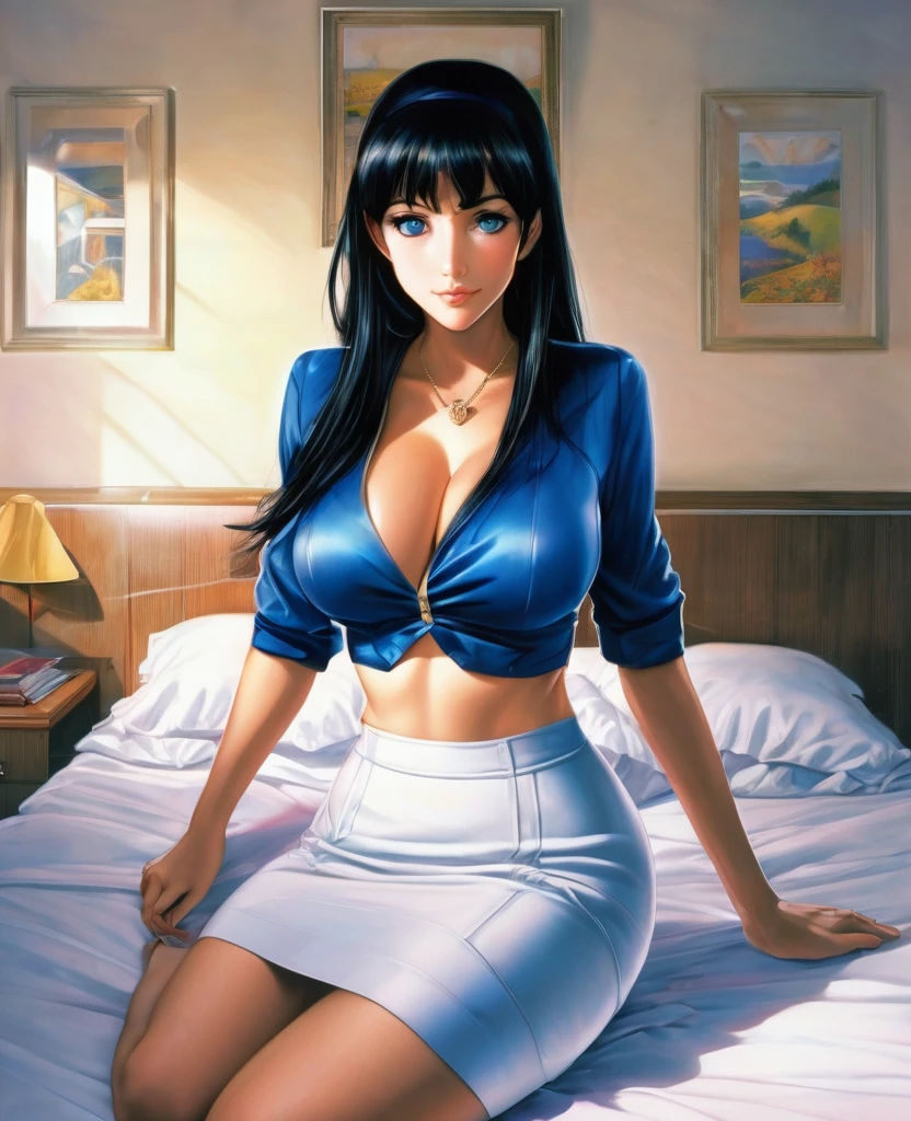 MILF with big hips and breasts in a of a high school student with a short skirt from where blue panties are visible,the object is in the bedroom,the object lies on the bed with his legs spread and hiding his panties with his skirt,the subject has black hair, a beautiful snow-white body and well-drawn blue eyes