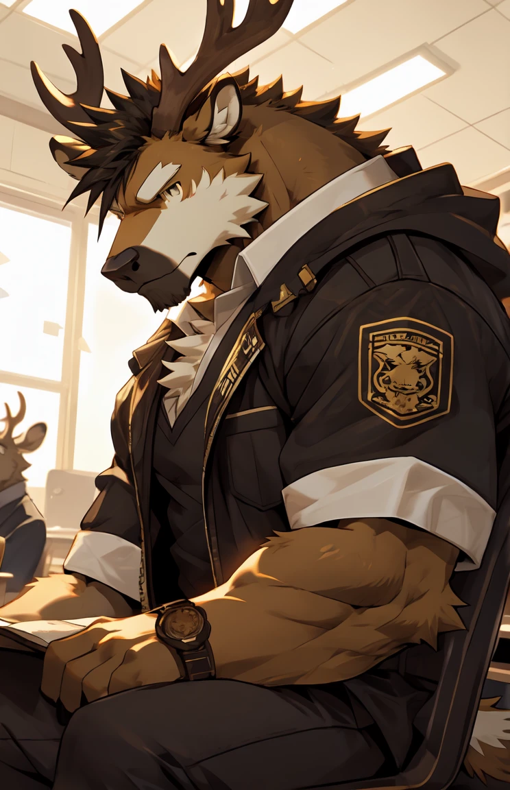 (by sollyz),Elk,detail face, detail eyes, detail,male,pants,nacked,furry, short hair,pants,brown body,
,handsome,class room,
strong,epic,